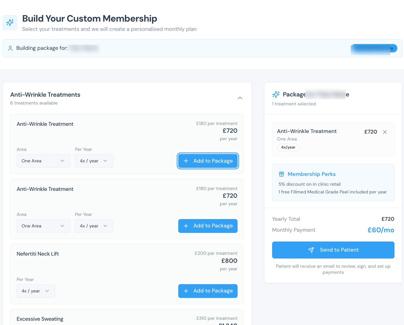 Build Your Custom Membership view showing the treatment picker on the left and a live basket with monthly and yearly totals on the right