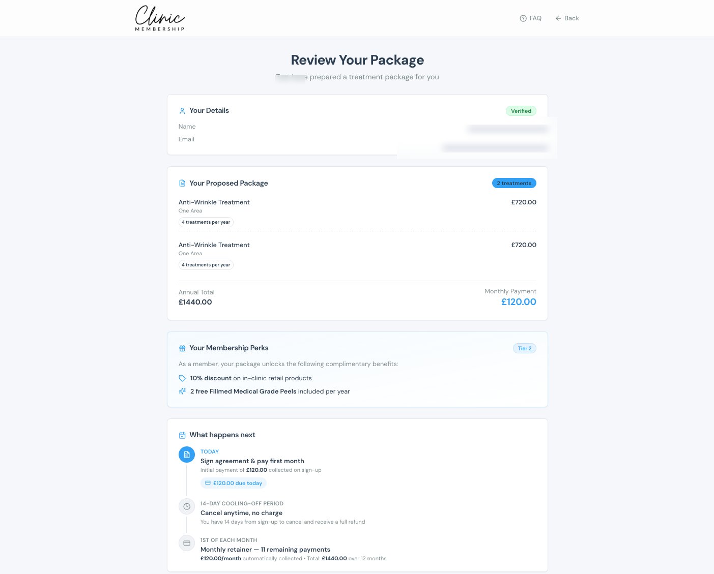 Patient-facing sign-up page to review and accept a treatment package, with a 14-day cooling-off period and monthly retainer summary
